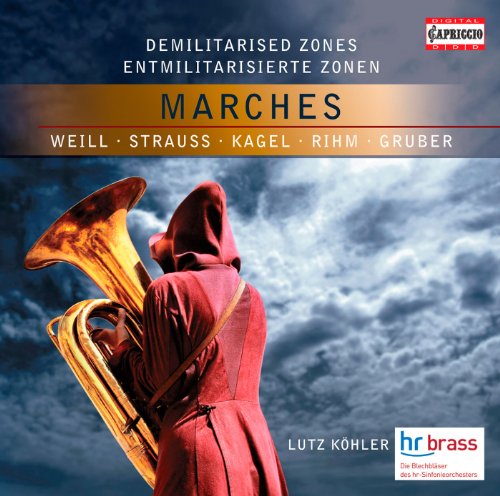 "CD cover with a person in red holding a tuba against a cloudy sky."