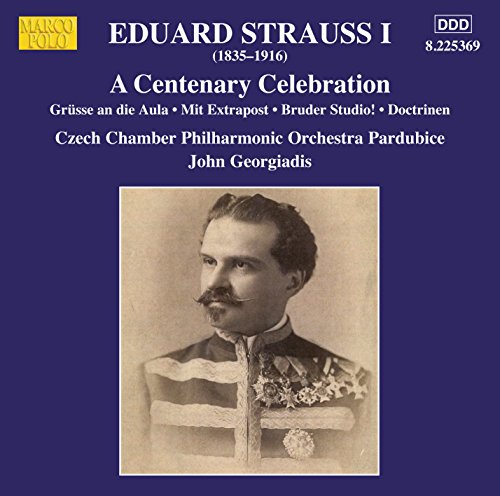 A CD cover featuring a sepia-toned portrait of Eduard Strauss on a purple background.