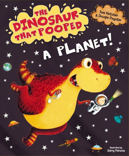 The image shows a children's book cover featuring a cartoon dinosaur in space.
