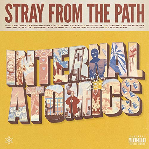"Album cover with 'Internal Atomics' in 3D text, filled with collaged images, on yellow background."
