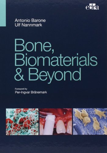 Dark blue book cover with "Bone, Biomaterials & Beyond" in large teal text and microscopic images.