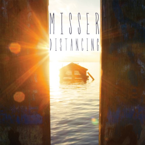 "Album cover with 'Misser Distancing' text, showing a boat on water between two metal beams."