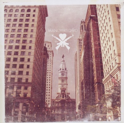 "Album cover with cityscape and 'Man Overboard' logo in white on a sepia-toned background."