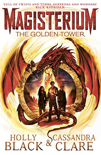 "Book cover featuring a red dragon encircling three people with a tower in the background."