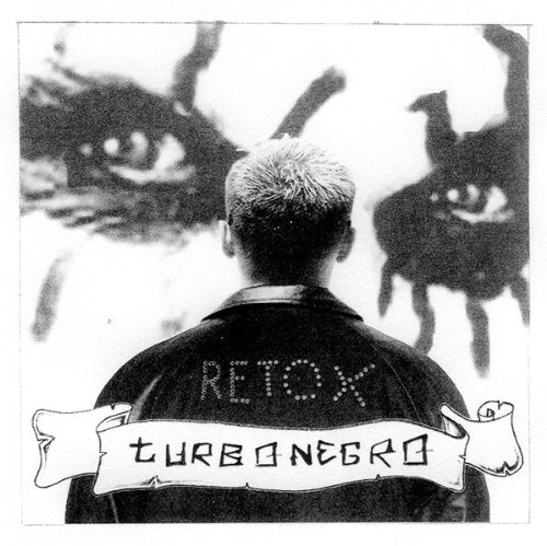 "Album cover featuring a man with 'Retox' on his jacket, with a banner and eyes."