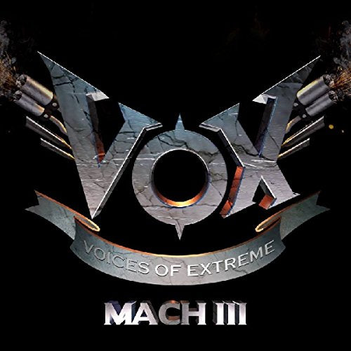 "Silver 'Vox' logo with 'Voices of Extreme' banner and 'Mach III' text on black background."