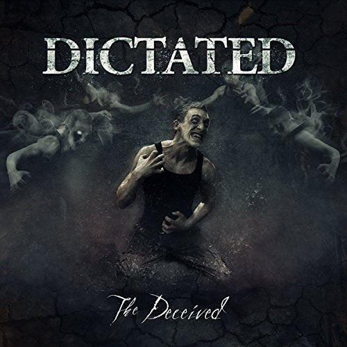 "CD cover art: distressed man surrounded by ghostly figures on cracked dark background."