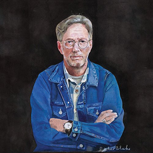 Eric Clapton portrait album cover, painted style, wearing a denim jacket.