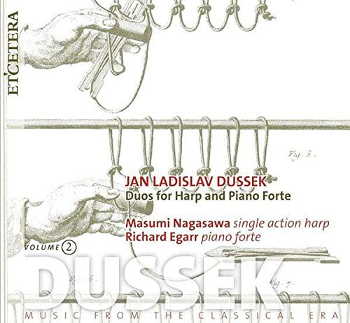 "CD cover featuring illustrations of hands playing harp and piano forte with text overlay."