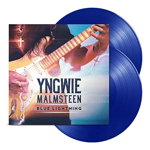 Yngwie Malmsteen's "Blue Lightning" vinyl record cover with blue vinyl records, featuring a guitarist.