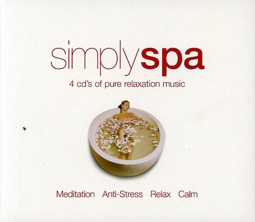 The image depicts a CD cover for "Simply Spa" with a serene scene. Alt text: A woman relaxes in a coconut shell bath surrounded by flowers.