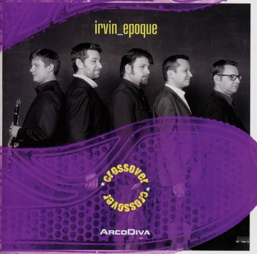 "CD cover with five men in black standing back-to-back, purple abstract design."