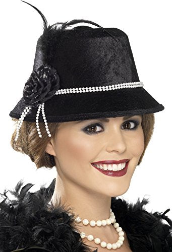 Black 1920s-style hat with beads, flower, and feathers on a model's head.