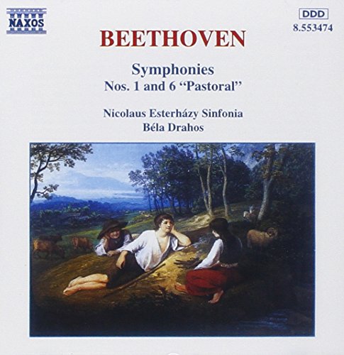"CD cover featuring Beethoven's symphonies with a pastoral landscape painting and text."