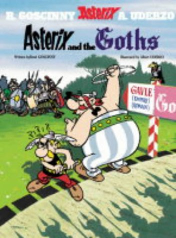 "A cartoon cover featuring Asterix and Obelix fighting armoured warriors."