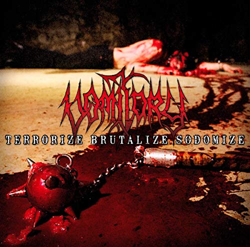 "Album cover with spiked mace in blood, red text, and dark background."