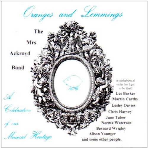 "Album cover with ornate black frame, blue fish, and list of names on white background."