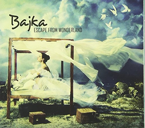 "CD cover art: woman in white dress on a bed, flying in the sky."