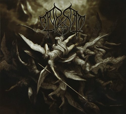 Dark album cover with fallen angel fighting demons, surrounded by dark, cloudy background.