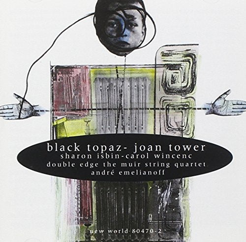 "CD cover with abstract artwork and text, white background, black oval with artist names."