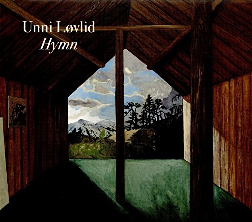 "Album cover art: wooden church interior with a view of mountains and trees outside."