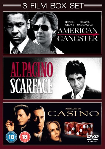 DVD box set cover featuring three gangster films: "American Gangster", "Scarface", and "Casino".