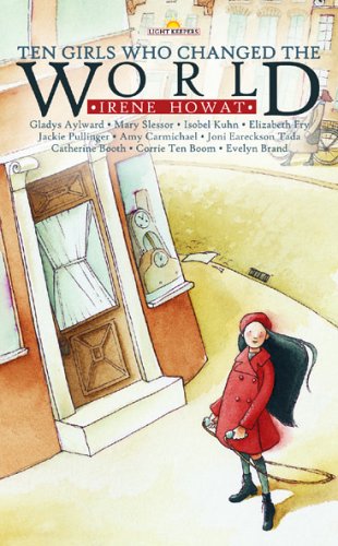 "Book cover illustration of a girl in red coat standing outside a doorway."