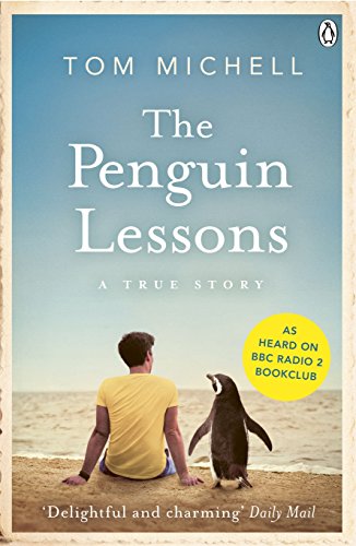 Book cover: man in yellow shirt sits with penguin on a sandy beach.
