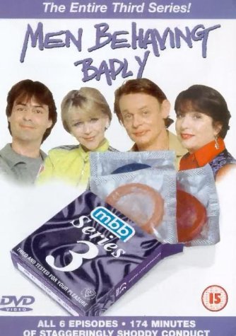 DVD cover for "Men Behaving Badly Series 3" with four actors and condom packaging.