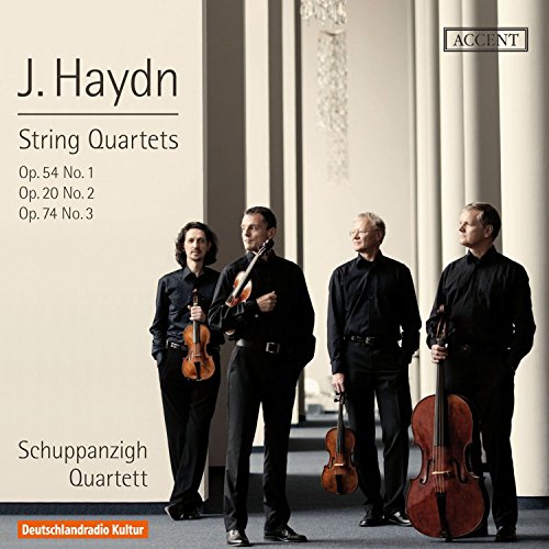 "CD cover featuring four men in black holding string instruments."
