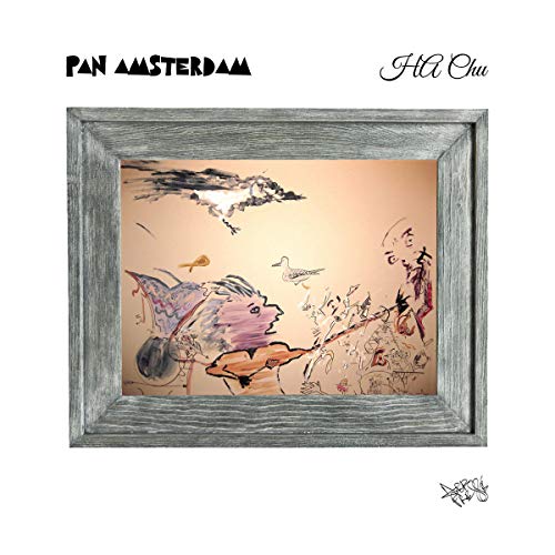 A framed illustration of a woman surrounded by birds and clouds on a CD cover.