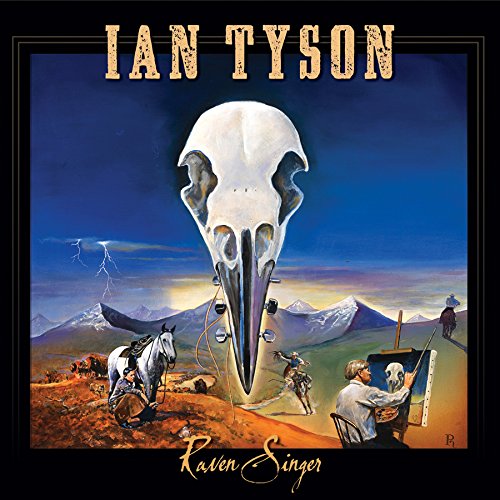 "Album cover with a large raven skull, artist at easel, and cowboy on horseback."