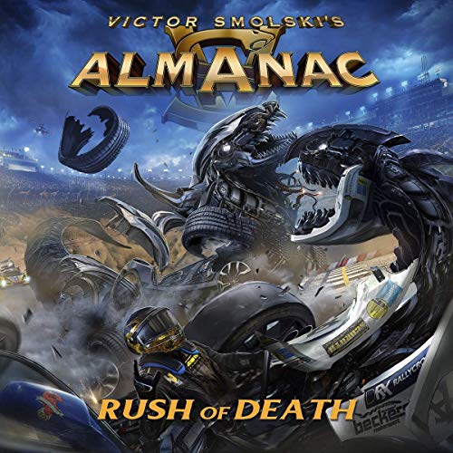 "CD cover art featuring a racing driver surrounded by a monstrous robotic creature."