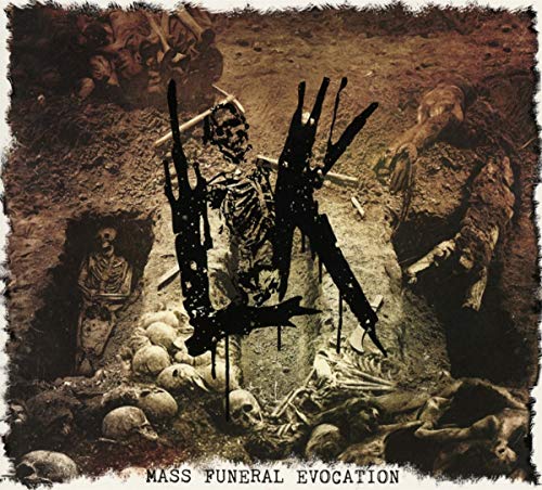 "Album cover with a skeleton surrounded by skulls and bones, with black silhouettes."