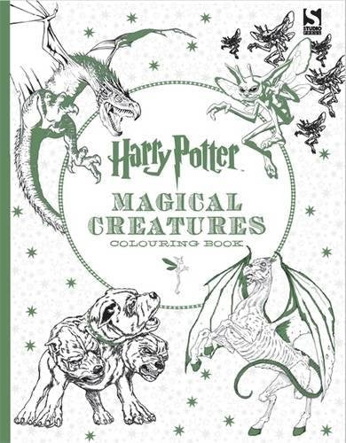 "Harry Potter Magical Creatures Colouring Book cover with green illustrations of fantasy creatures."