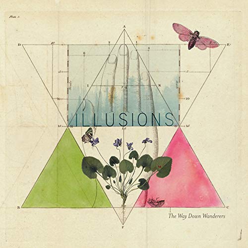 "Vinyl album cover with geometric shapes, flowers, and butterflies on a beige background."