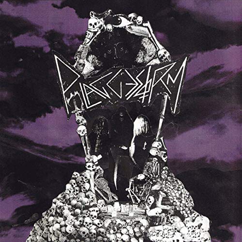 "Album cover art featuring a throne made of skulls with dark figures and purple background."