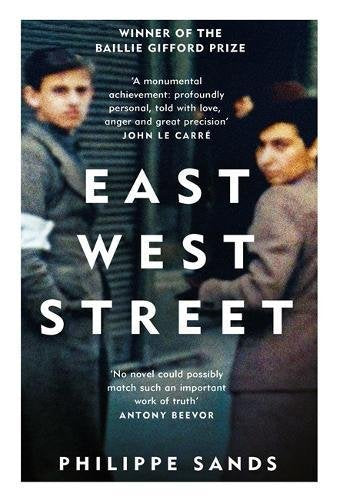 "Book cover of 'East West Street' by Philippe Sands, featuring a faded image of two boys."
