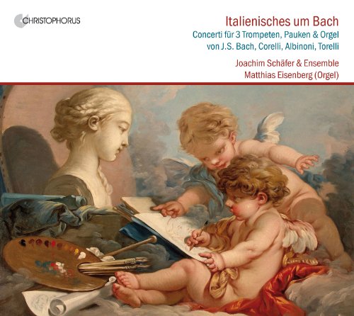 "CD cover with cherubs painting a marble bust, surrounded by art supplies."
