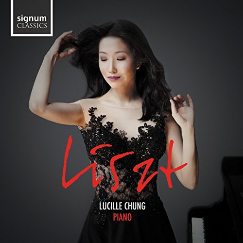 Alt text: Woman in black dress with "Liszt" and "Lucille Chung Piano" text on dark background.