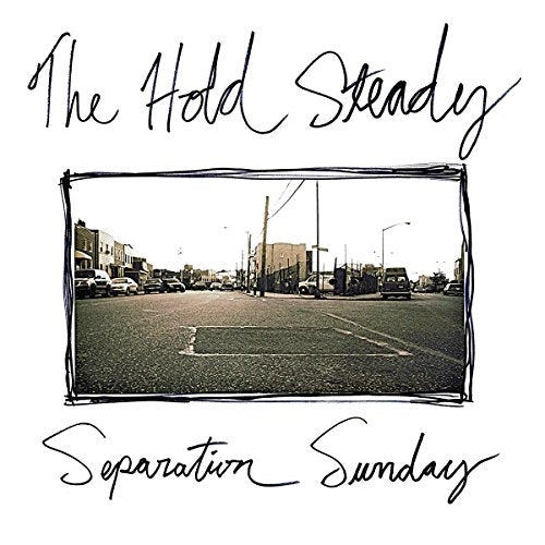 Album cover with a black and white street scene, sketched border, on a white background.