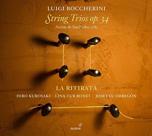 "CD cover featuring five black mutes on violin strings against a brown background."