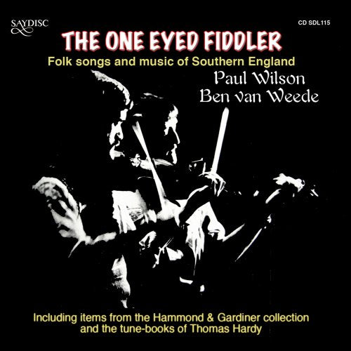 "CD cover with black background, white image of fiddler, and red and yellow text."
