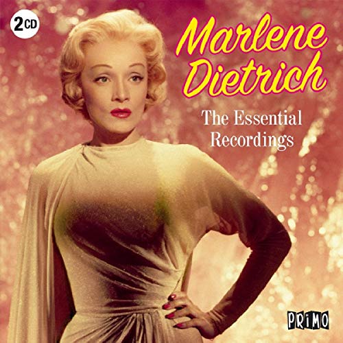 "CD cover featuring Marlene Dietrich in a glamorous dress against a shimmering red background."