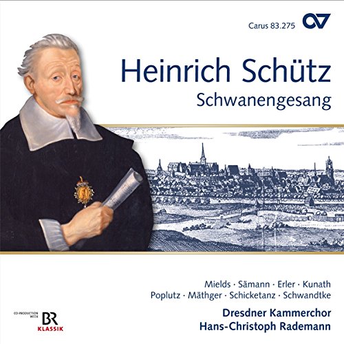 CD cover featuring Heinrich Schütz portrait and cityscape illustration with text.