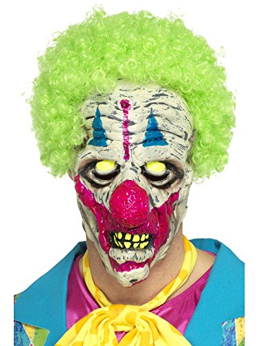 A person wearing a white, pink, and blue clown mask and bright green wig.