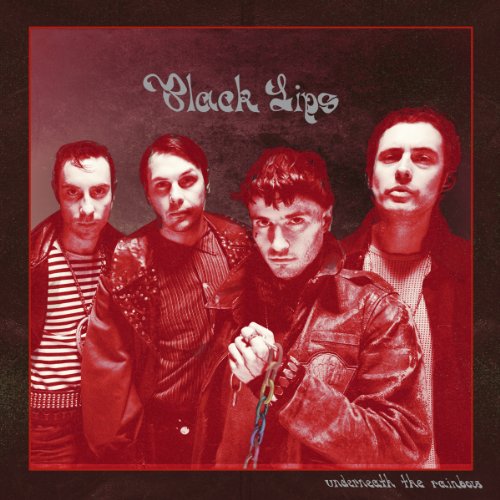 "Album cover featuring four men in leather jackets with red-toned, dark background."