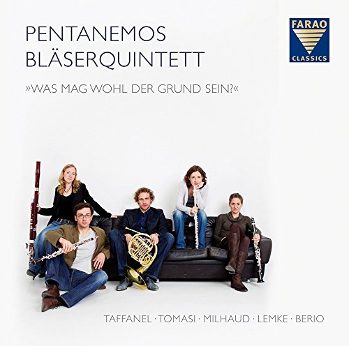 "CD cover featuring five musicians posing with various wind instruments on a couch."