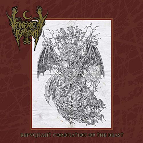 Album cover with a dark red background and a central black-and-white illustration.