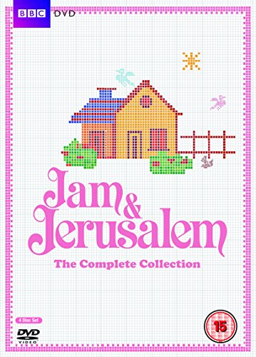 "White DVD cover with cross-stitched house and 'Jam & Jerusalem' title in pink lettering."